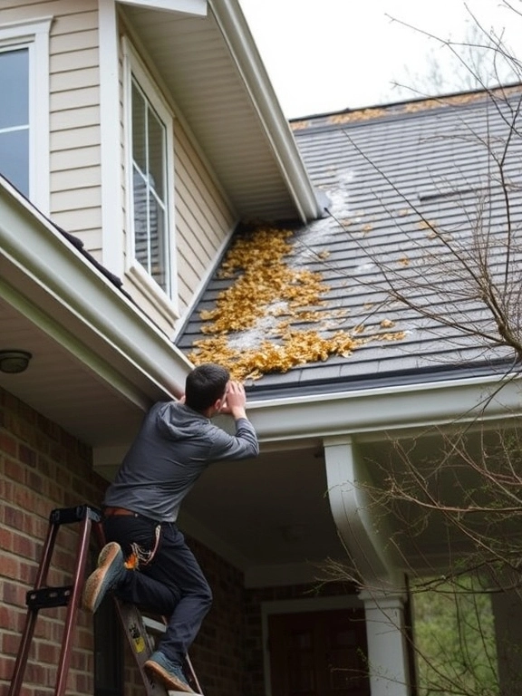 Person balanced on a ladder clearing wet leaves from a roof gutter